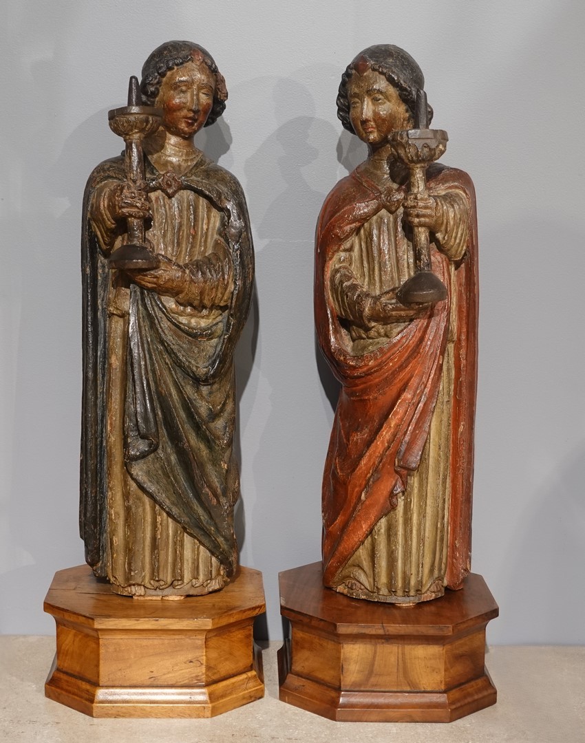Sculpture paire d'anges céroféraires polychromes – circa 1500