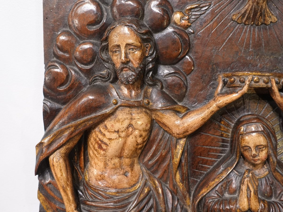 Couronnement de la Vierge – Bas-relief polychrome - Époque XVII°-photo-3