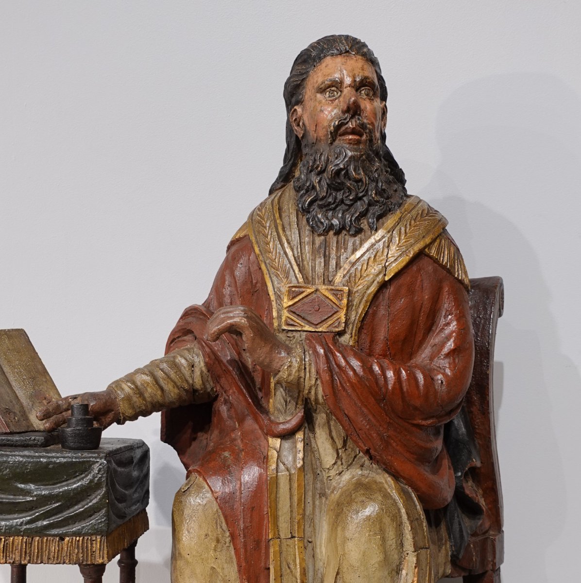 Saint Ambroise en bois sculpté polychrome d'époque fin XVIII°-photo-2