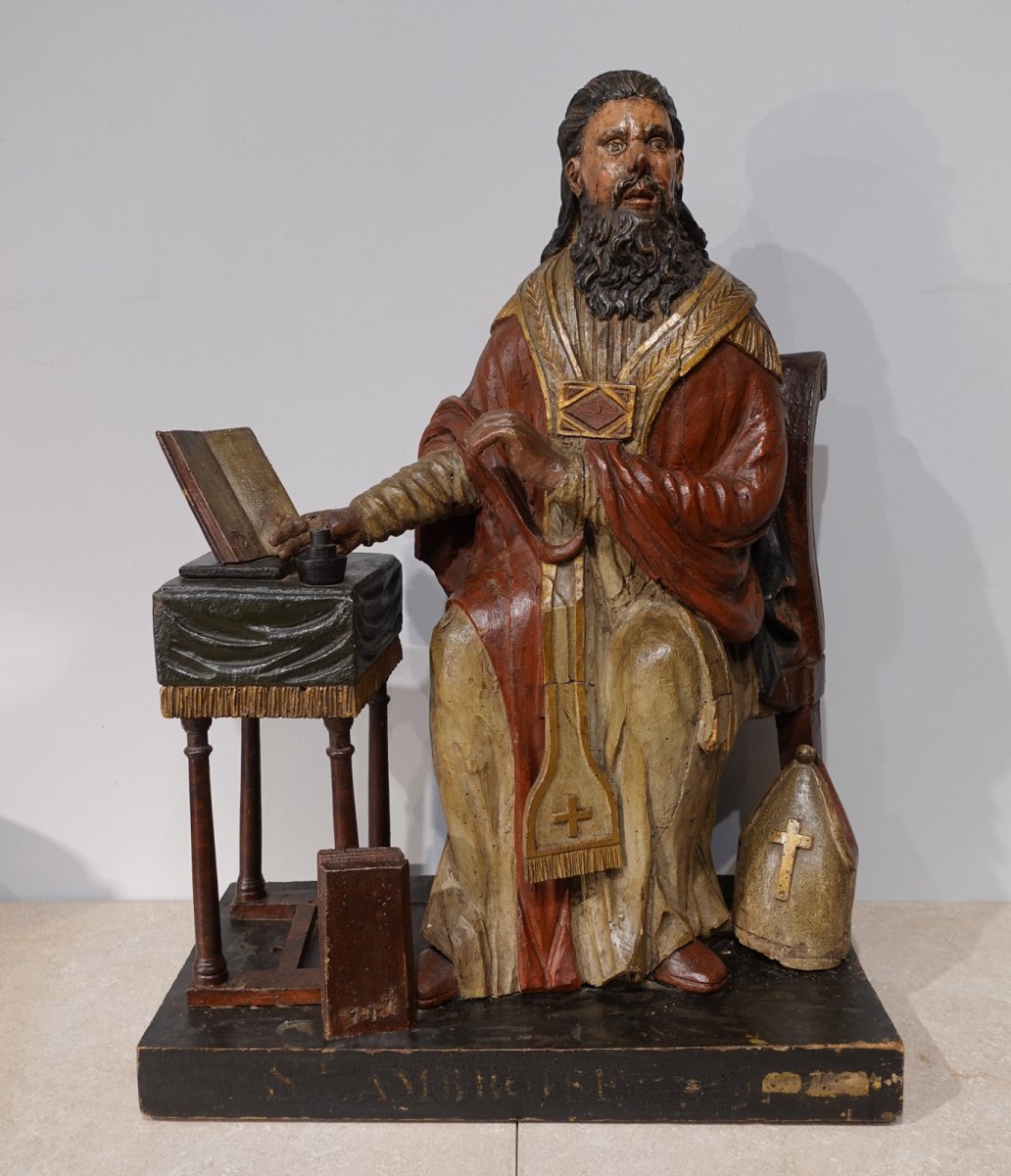 Saint Ambroise en bois sculpté polychrome d'époque fin XVIII°