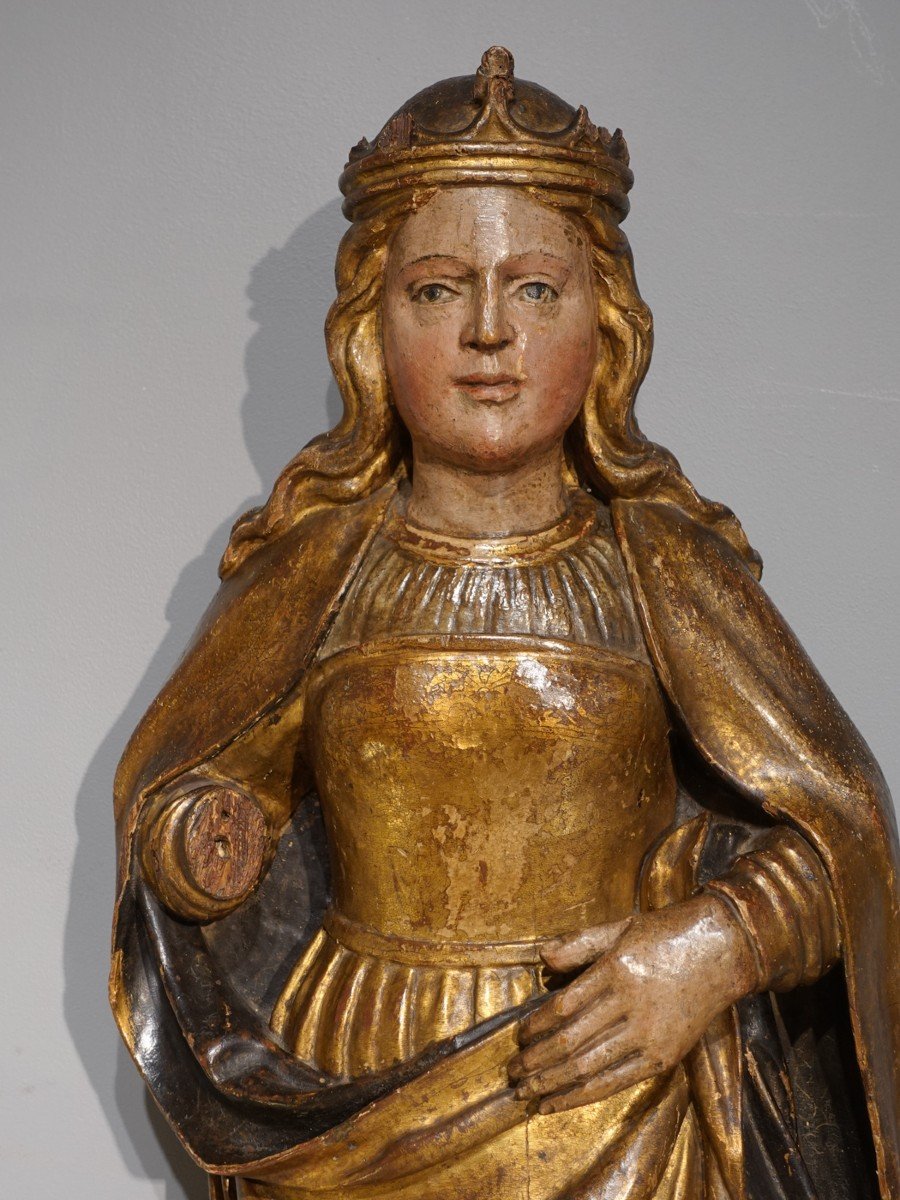 Sainte Catherine In Polychrome Gilded Carved Wood Circa 1520-1530-photo-3