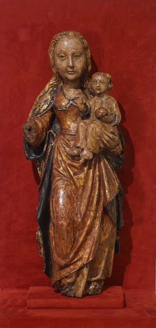 Vierge à l'Enfant en noyer sculpté et polychrome d'époque XVI°-photo-4