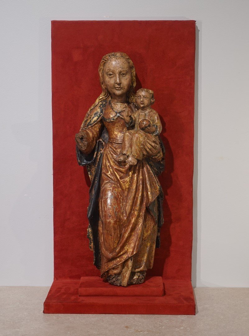 Vierge à l'Enfant en noyer sculpté et polychrome d'époque XVI°-photo-1