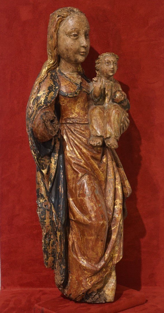 Vierge à l'Enfant en noyer sculpté et polychrome d'époque XVI°-photo-3