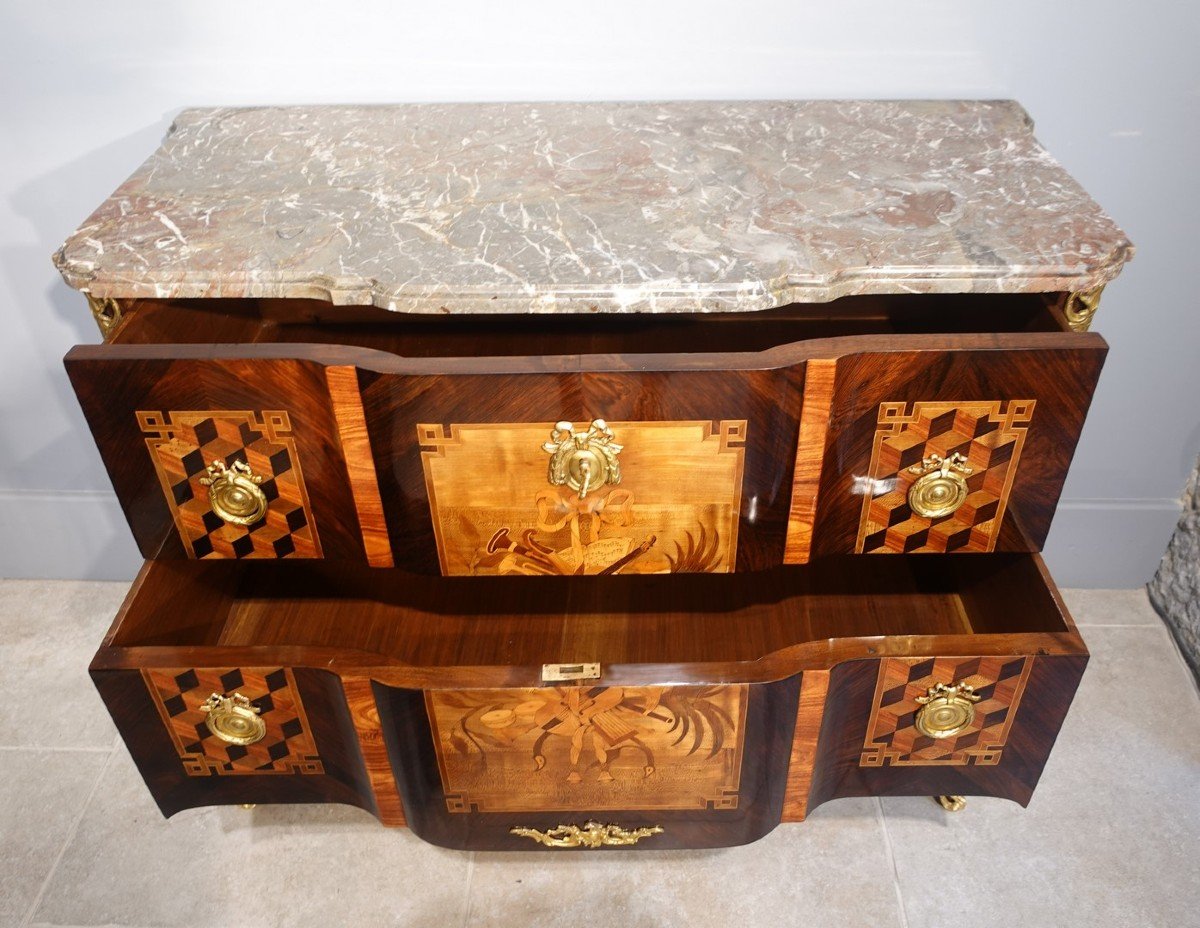 Transition Chest Of Drawers With “musical Instruments”, 18th Century-photo-4