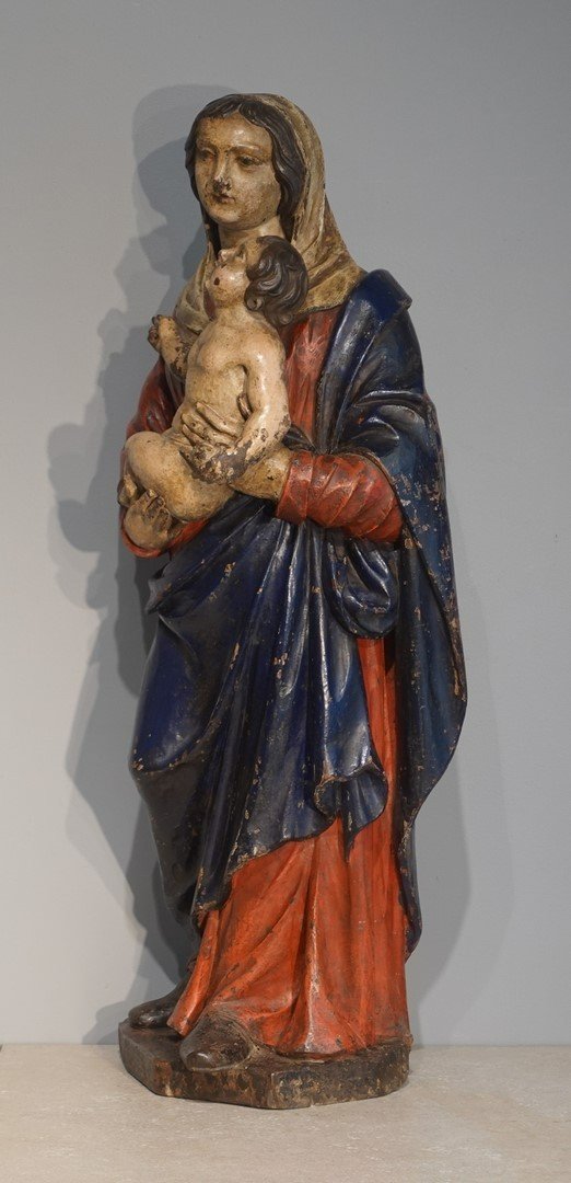 Vierge à l'Enfant en bois sculpté et polychrome d'époque XVIII°-photo-2