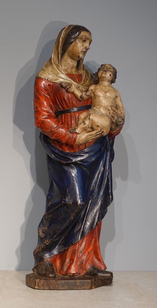 Vierge à l'Enfant en bois sculpté et polychrome d'époque XVIII°-photo-3