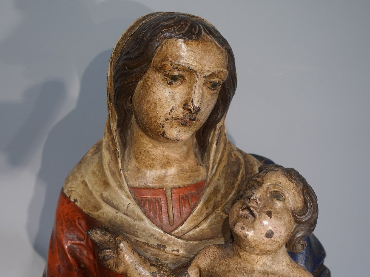 Vierge à l'Enfant en bois sculpté et polychrome d'époque XVIII°-photo-1