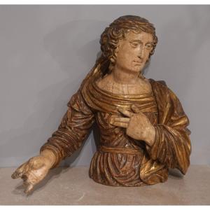 Bust Of A Woman In Polychrome Wood From The 18th Century