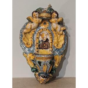 Bénitier d'applique en faïence, Italie, XVII° siècle