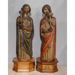 Sculpture paire d'anges céroféraires polychromes – circa 1500
