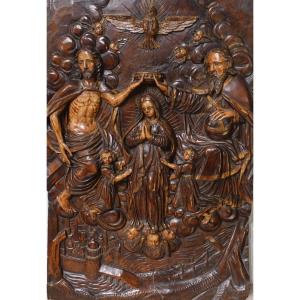 Couronnement de la Vierge – Bas-relief polychrome - Époque XVII°