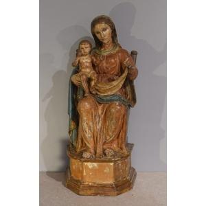 Virgin And Child In Majesty In Polychrome Wood, 17th Century