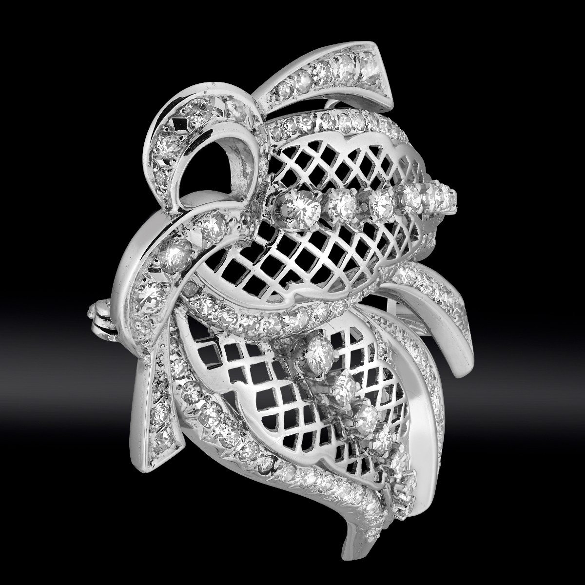 Diamond Openwork Foliage Brooch Circa 1950-photo-2