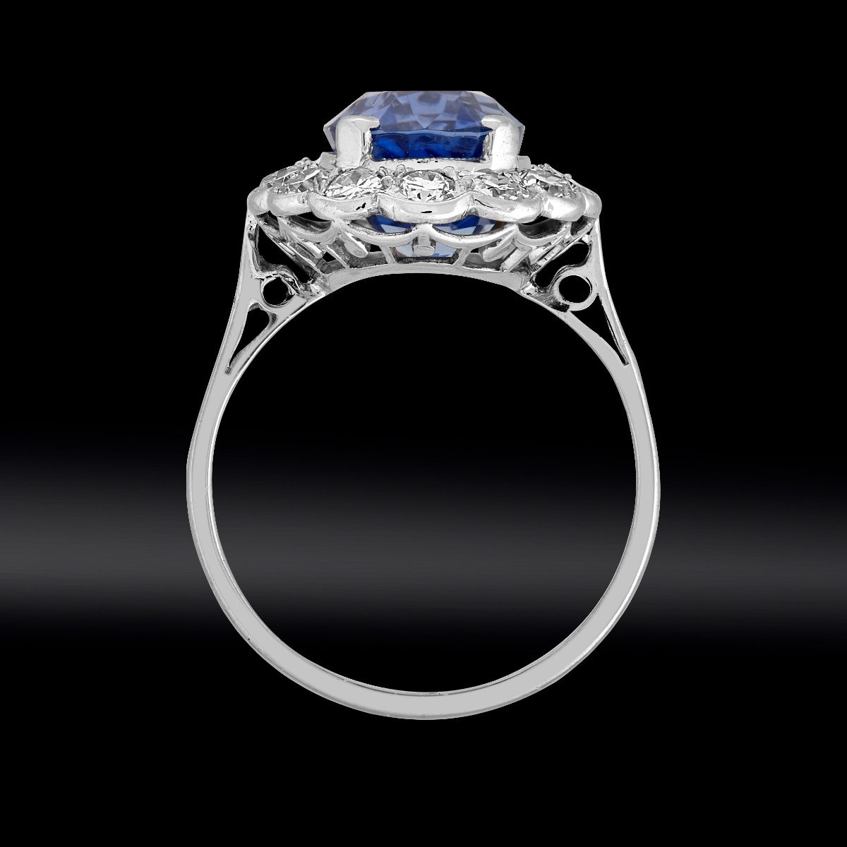 Bague Platine Festonnée Saphir 5,78 Carats Non Chauffé Certifié Et Diamants Vers 1925-photo-3