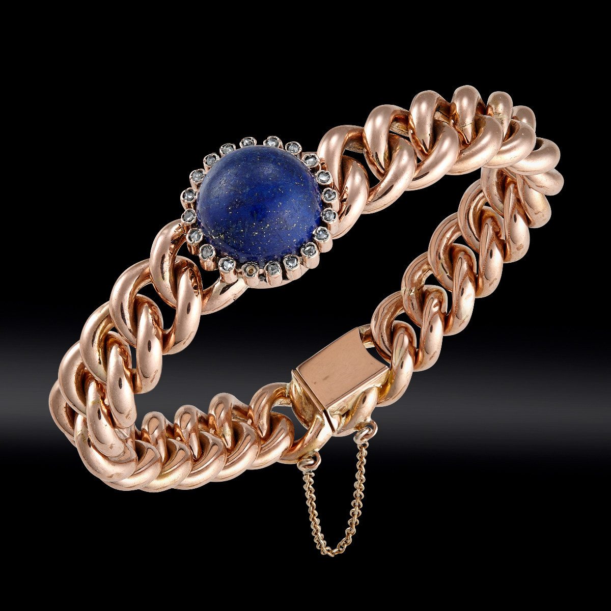 Lapis Lazuli Cabochon And Rose-cut Diamond Curb Bracelet 