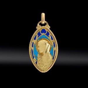 Enameled Pointed Oval Virgin Medal Circa 1920 Signed Vernand