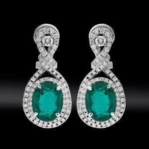 Boucles d'Oreilles Pendantes émeraudes Certifiées Et Diamants