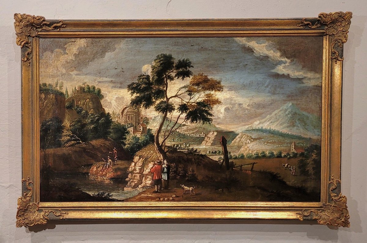 "landscape With Figures" Central Italian School, 18th Century-photo-3