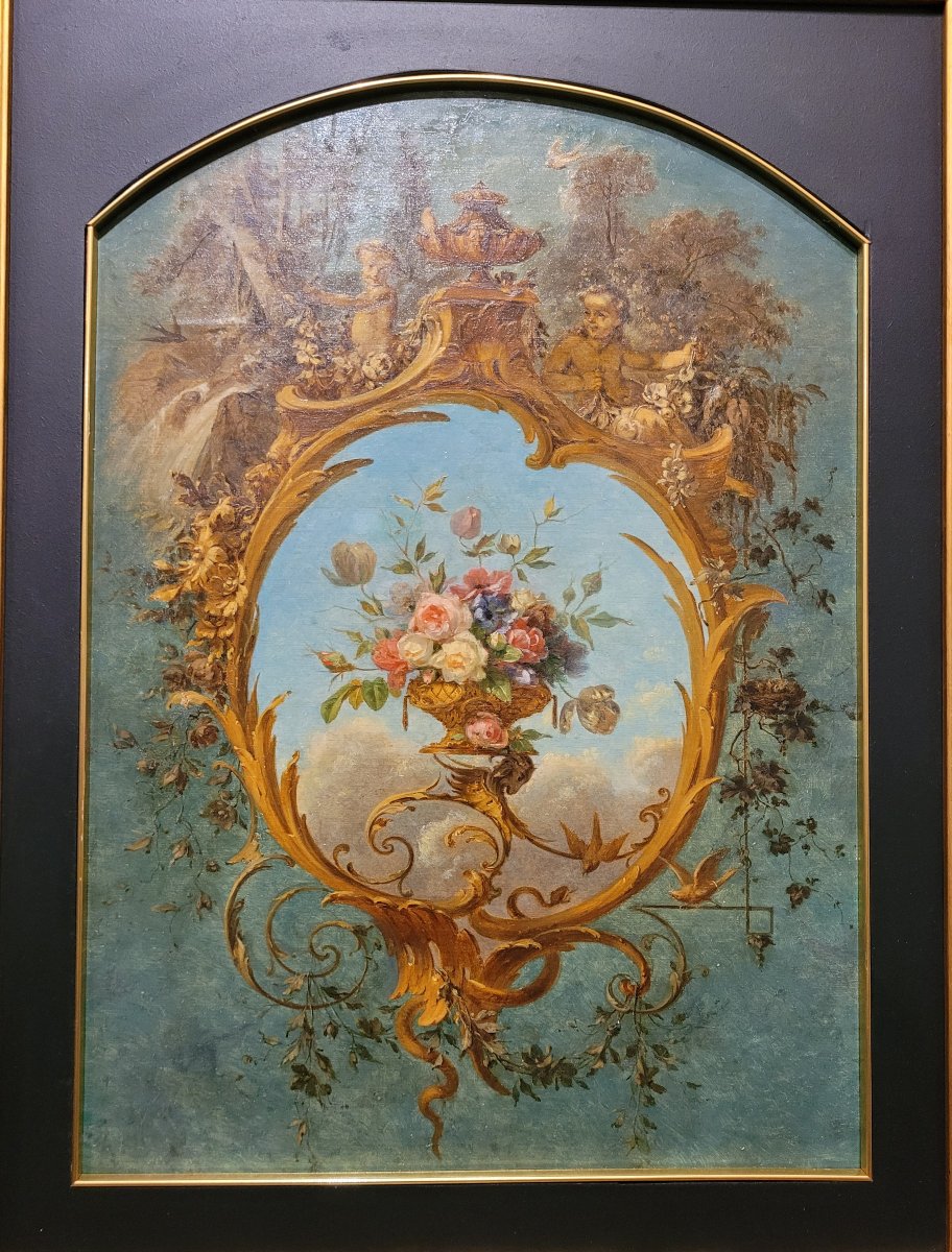 Ornamental Painting With A Vase Of Flowers And Cherubs, Late 19th Century-photo-2