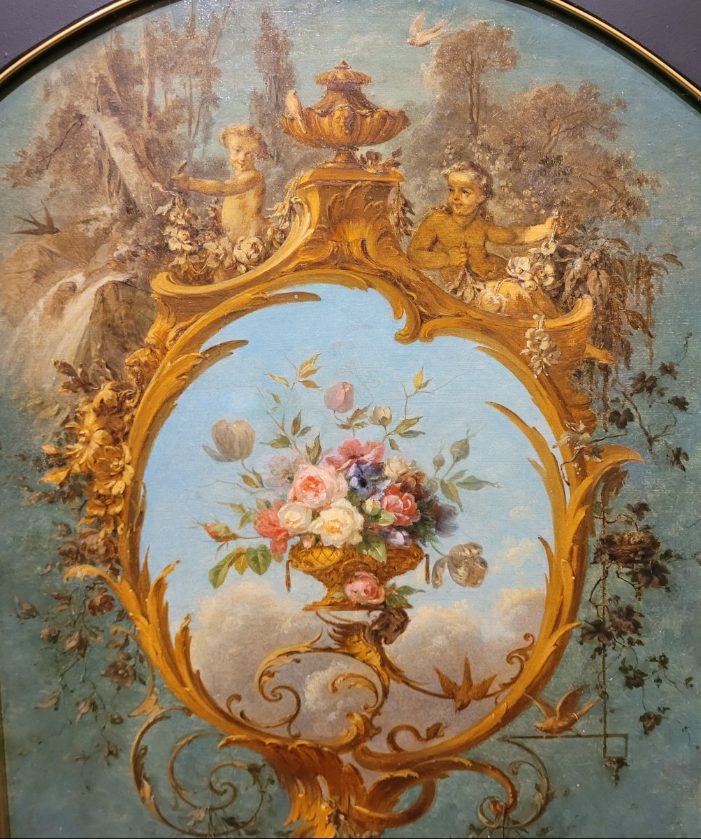 Ornamental Painting With A Vase Of Flowers And Cherubs, Late 19th Century-photo-3