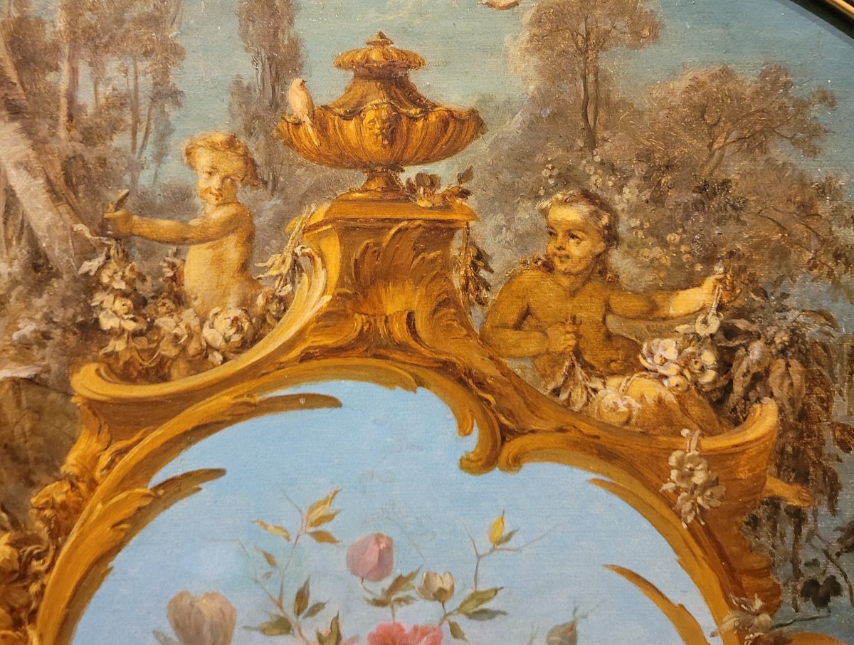 Ornamental Painting With A Vase Of Flowers And Cherubs, Late 19th Century-photo-1