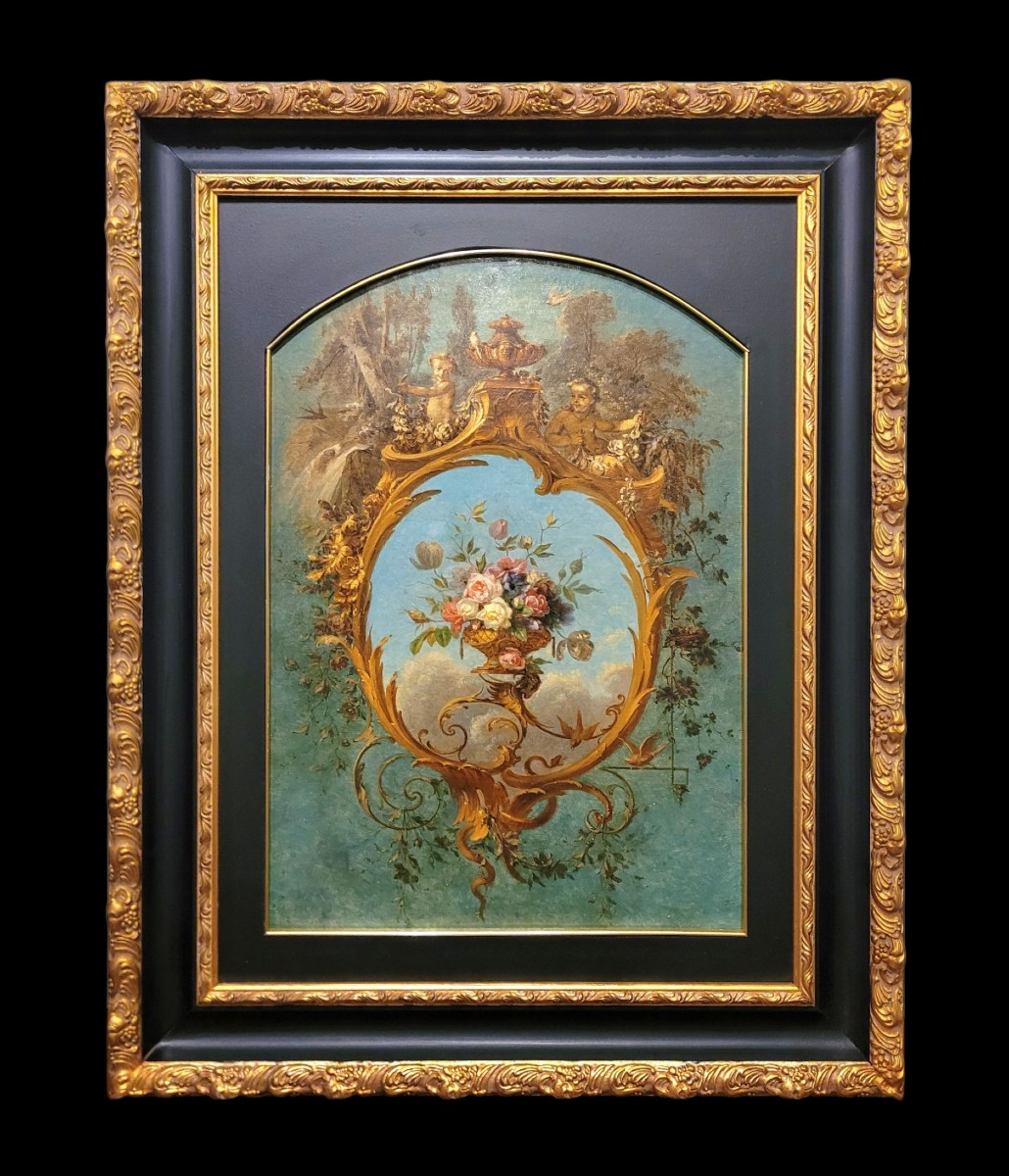 Ornamental Painting With A Vase Of Flowers And Cherubs, Late 19th Century