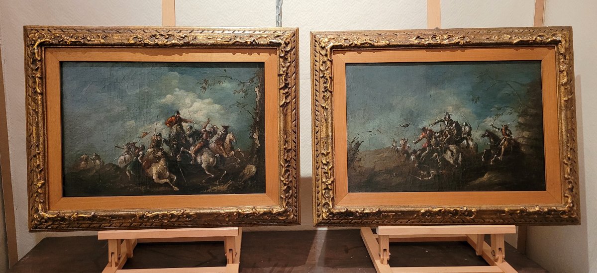 "Paire de tableaux représentant des scènes de bataille" suiveur de Francesco Casanova 