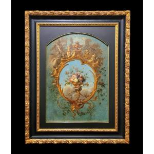 Ornamental Painting With A Vase Of Flowers And Cherubs, Late 19th Century