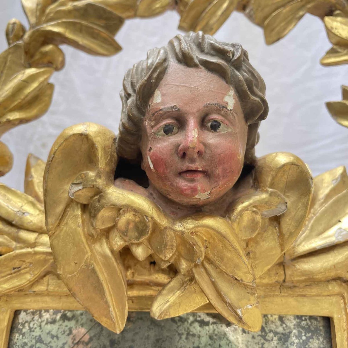 Italian Carved And Gilt Wood Mirror Topped By Garland And Putto 1800s-photo-4