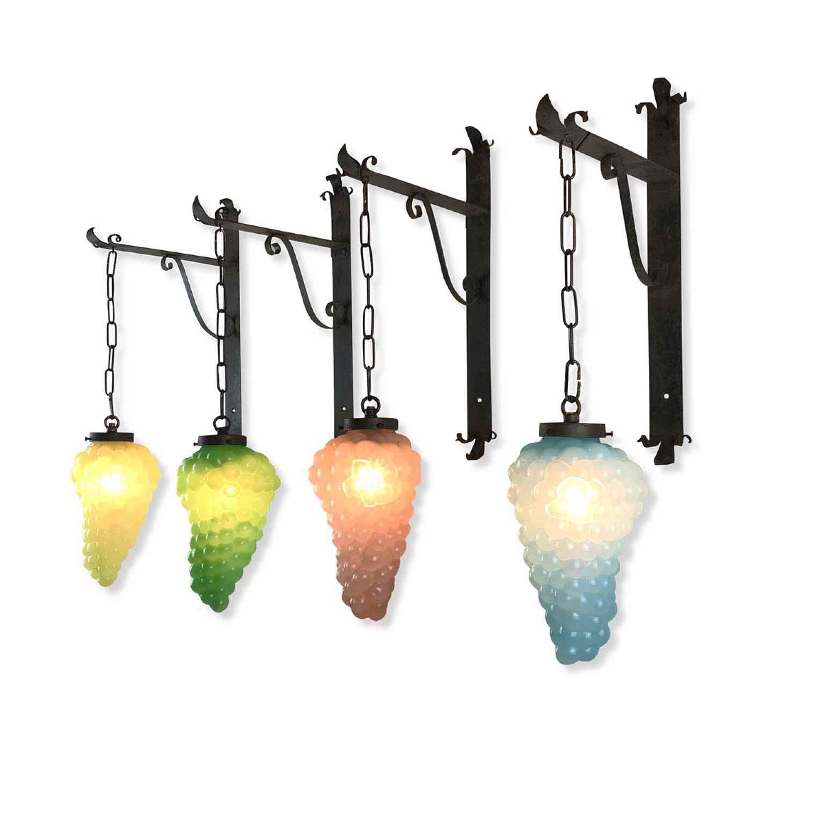 Set Of Four Italian Colored Glass Grape Sconces With Wrought Iron Brackets 1960s