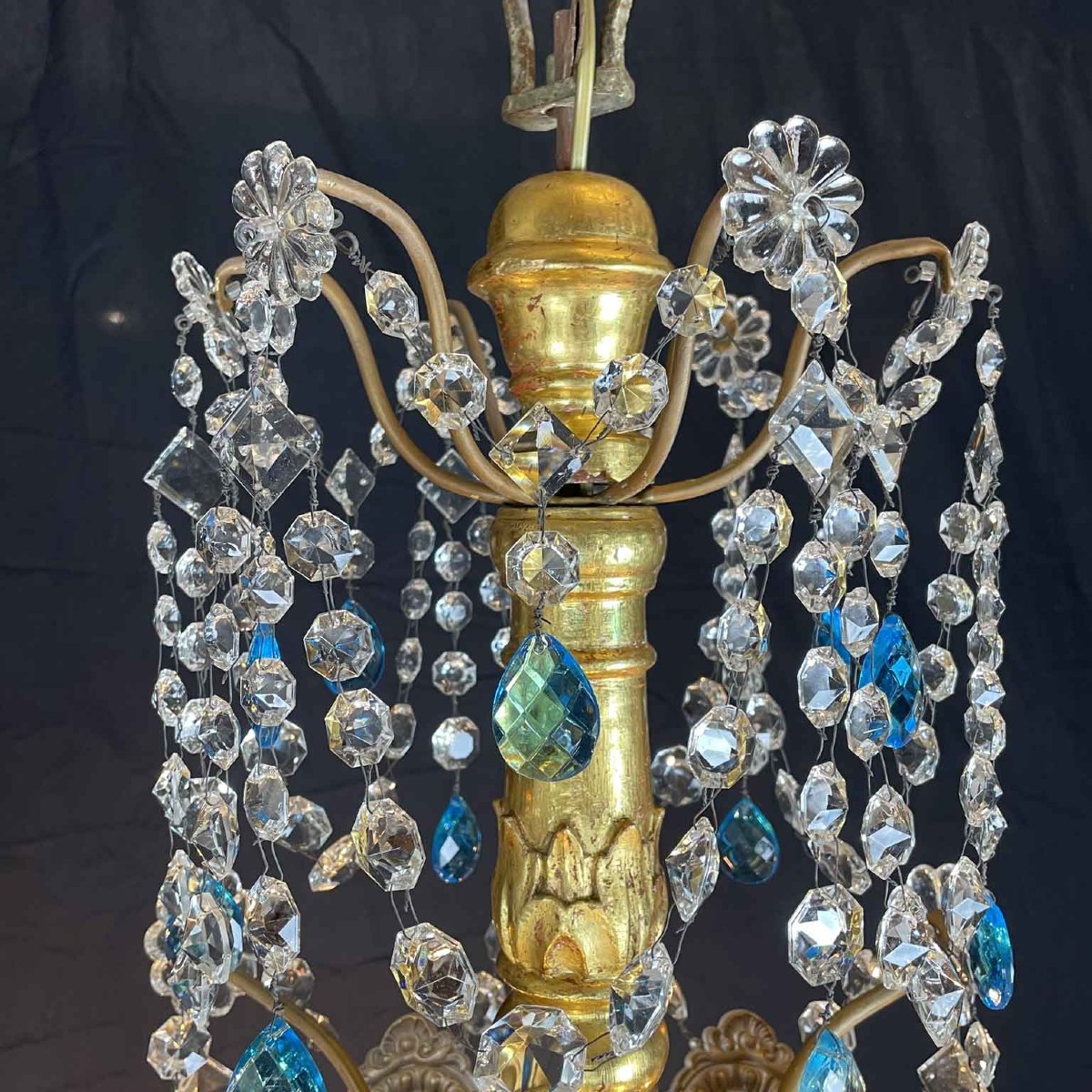 Grand Lustre Empire Italien Génois 1780 En Cristal Et Bois Dore Douze Lumières-photo-2