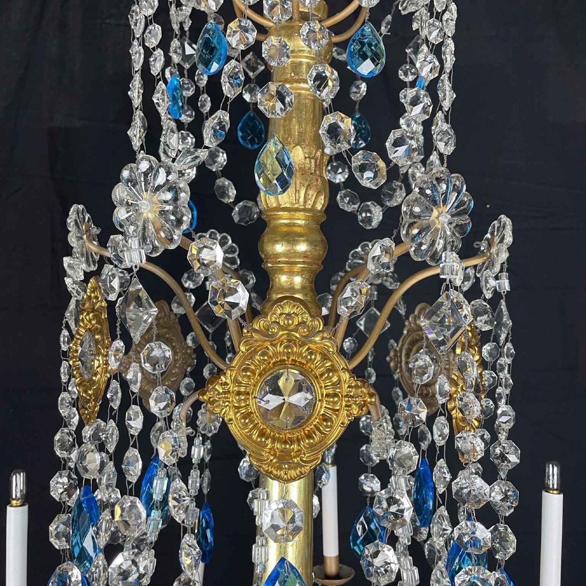 Grand Lustre Empire Italien Génois 1780 En Cristal Et Bois Dore Douze Lumières-photo-3