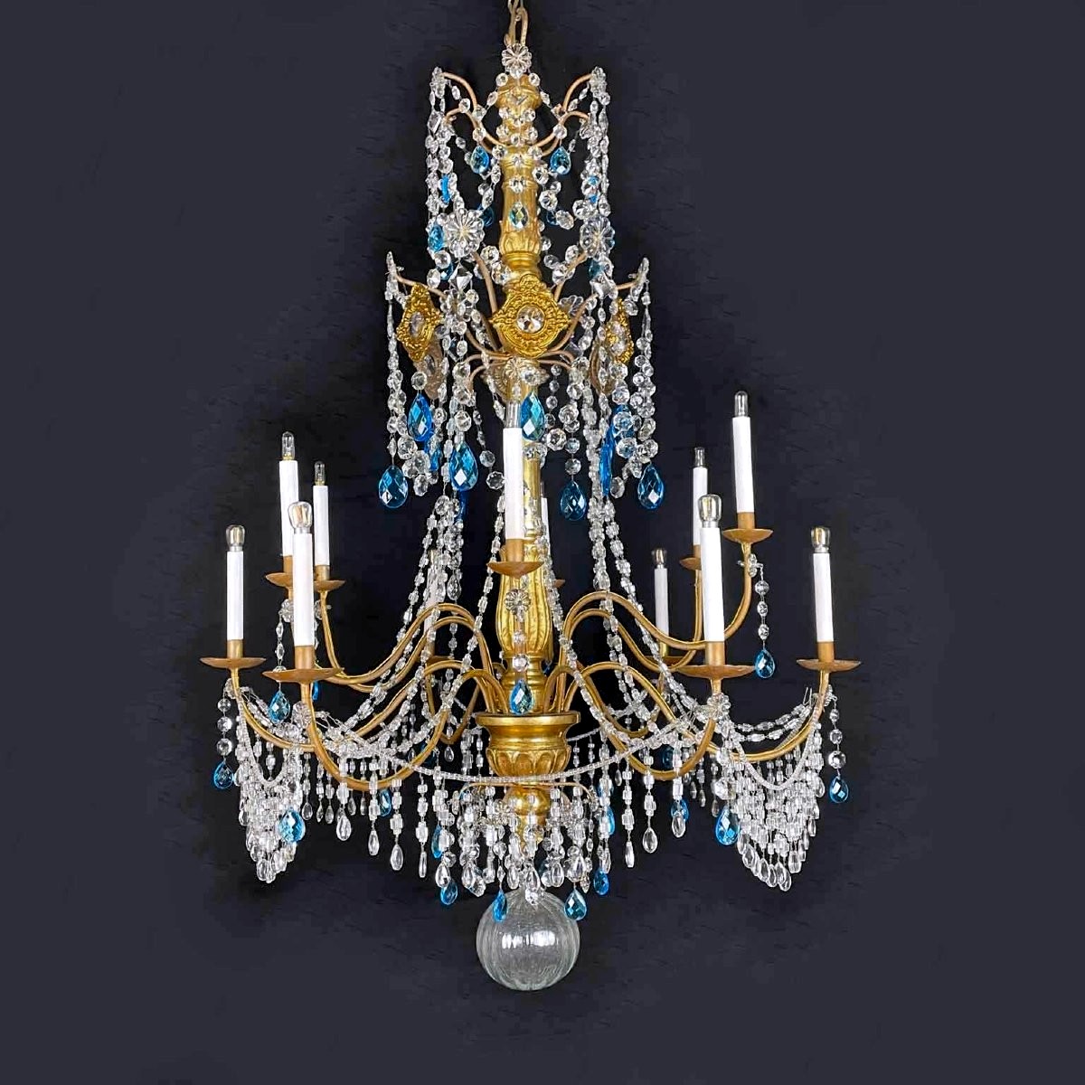 Grand Lustre Empire Italien Génois 1780 En Cristal Et Bois Dore Douze Lumières-photo-4