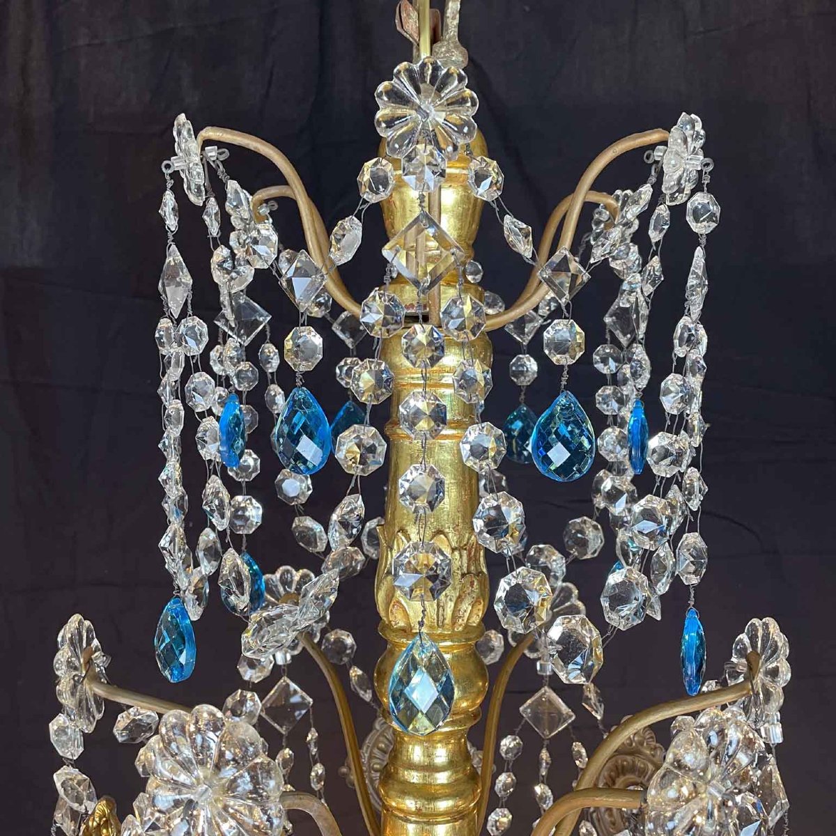 Grand Lustre Empire Italien Génois 1780 En Cristal Et Bois Dore Douze Lumières-photo-2