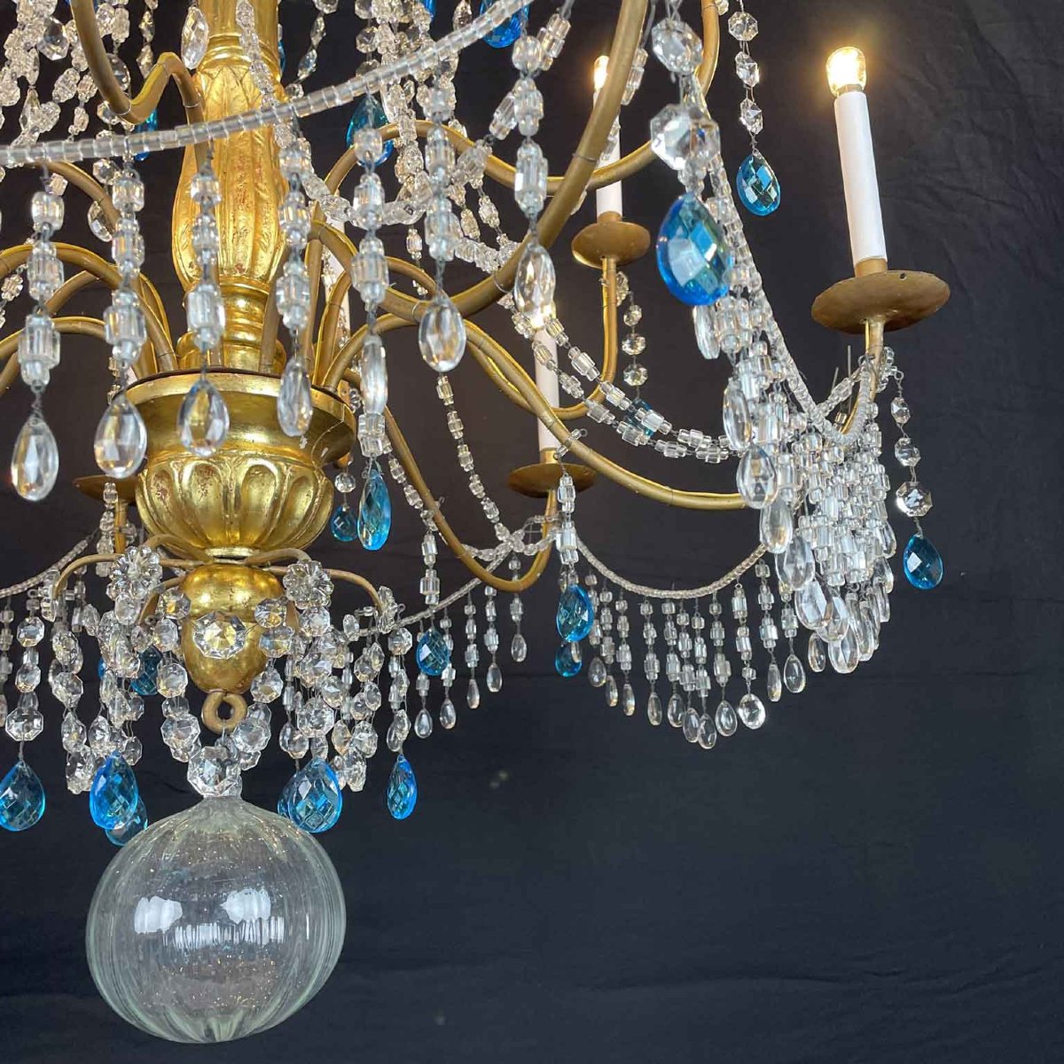 Grand Lustre Empire Italien Génois 1780 En Cristal Et Bois Dore Douze Lumières-photo-4
