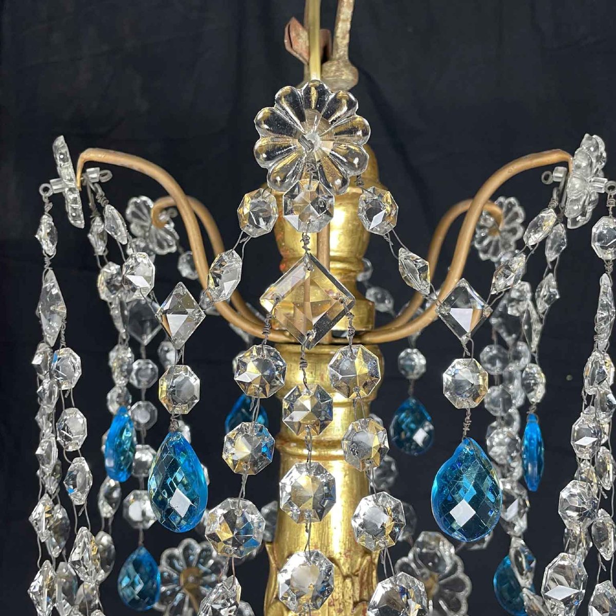 Grand Lustre Empire Italien Génois 1780 En Cristal Et Bois Dore Douze Lumières-photo-7
