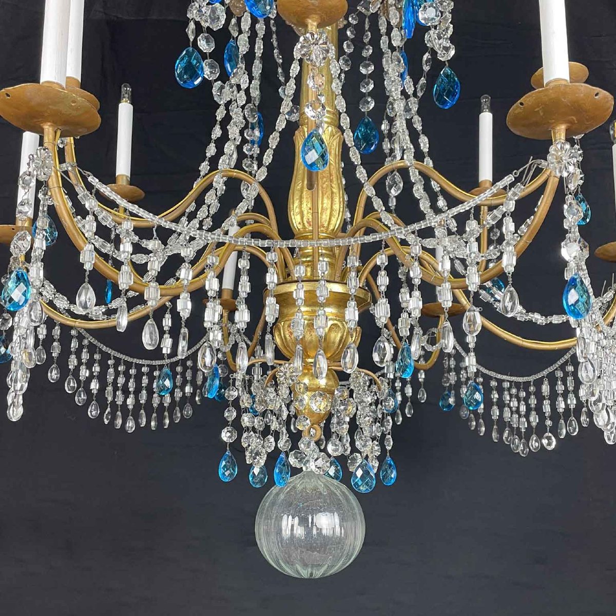 Grand Lustre Empire Italien Génois 1780 En Cristal Et Bois Dore Douze Lumières-photo-8