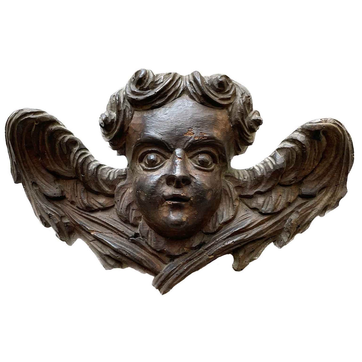 18th Century Italian Carved Wood Winged Angel Head 