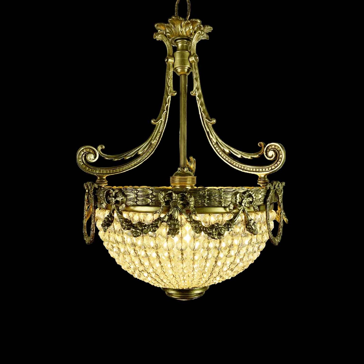 French Bronze Crystal Beaded Basket Chandelier Early 1900s-photo-3