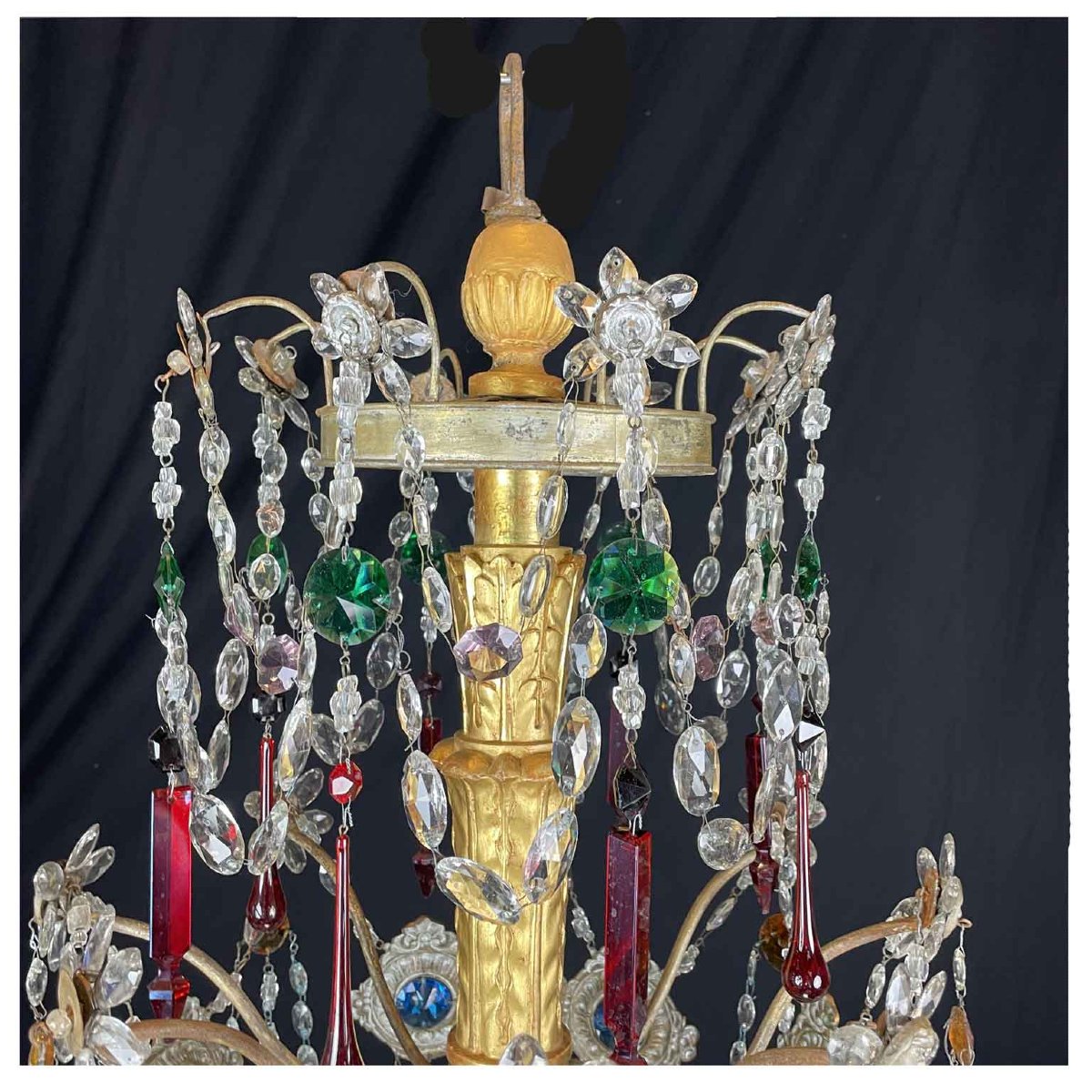 Pair Of Antique 1780 Genoese Empire Chandeliers In Crystal And Gilded Wood-photo-3