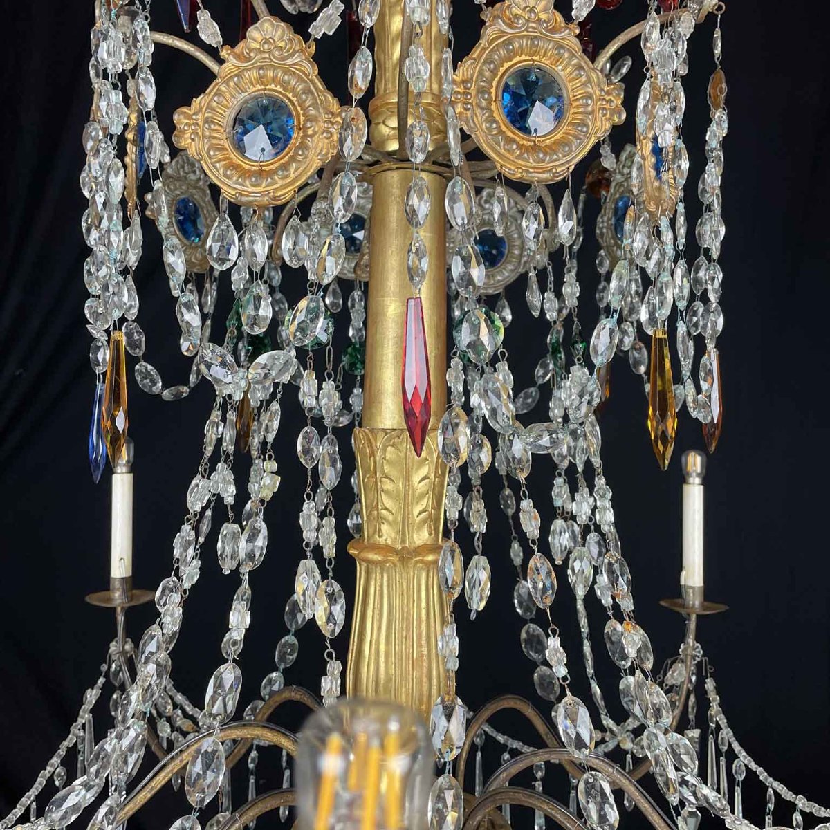 Pair Of Antique 1780 Genoese Empire Chandeliers In Crystal And Gilded Wood-photo-4