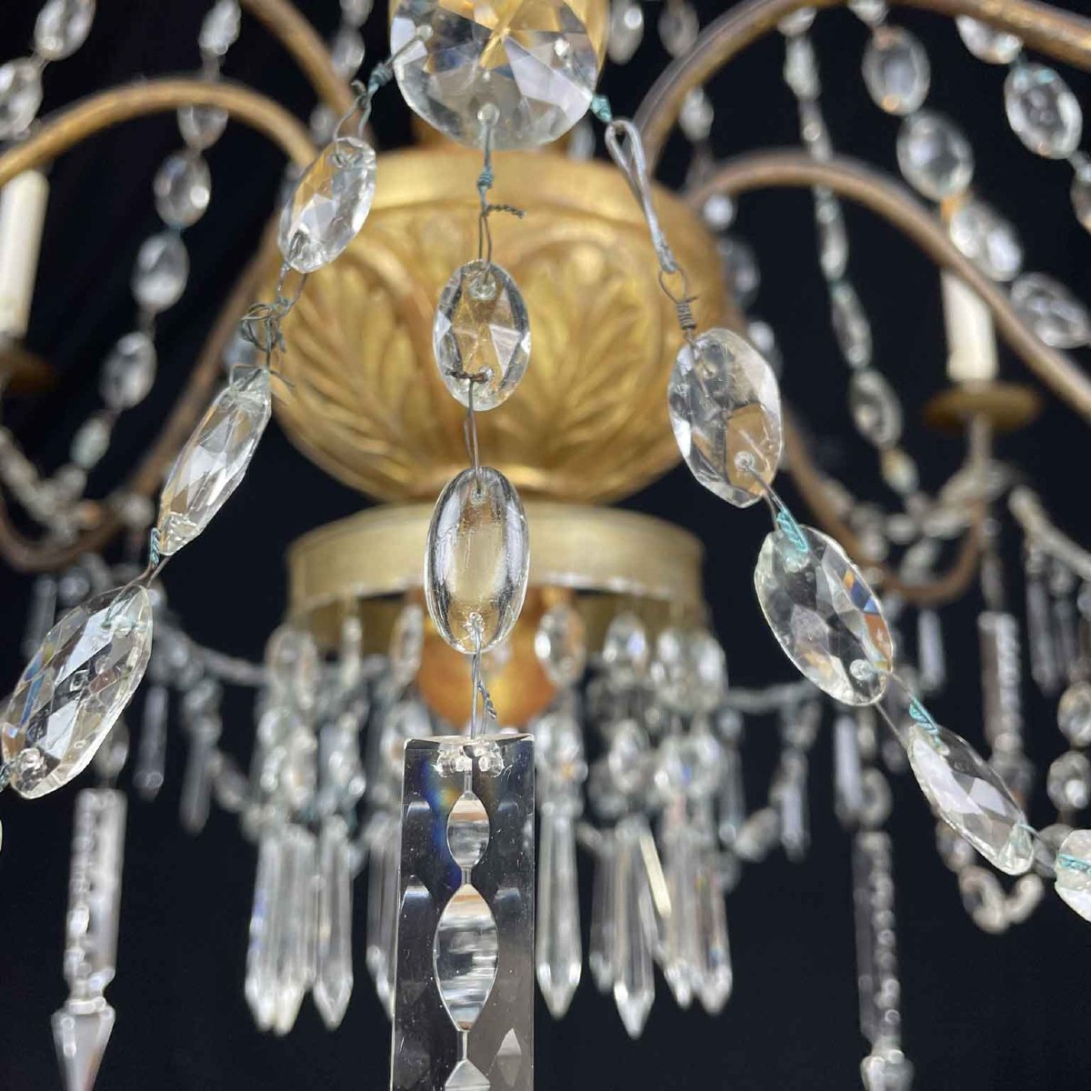 Pair Of Antique 1780 Genoese Empire Chandeliers In Crystal And Gilded Wood-photo-1
