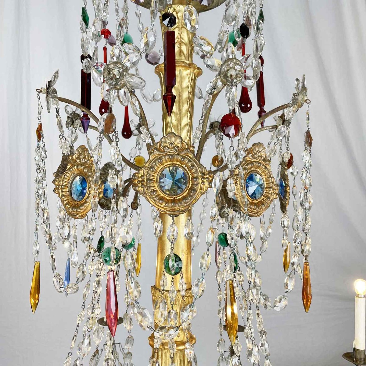 Pair Of Antique 1780 Genoese Empire Chandeliers In Crystal And Gilded Wood-photo-5