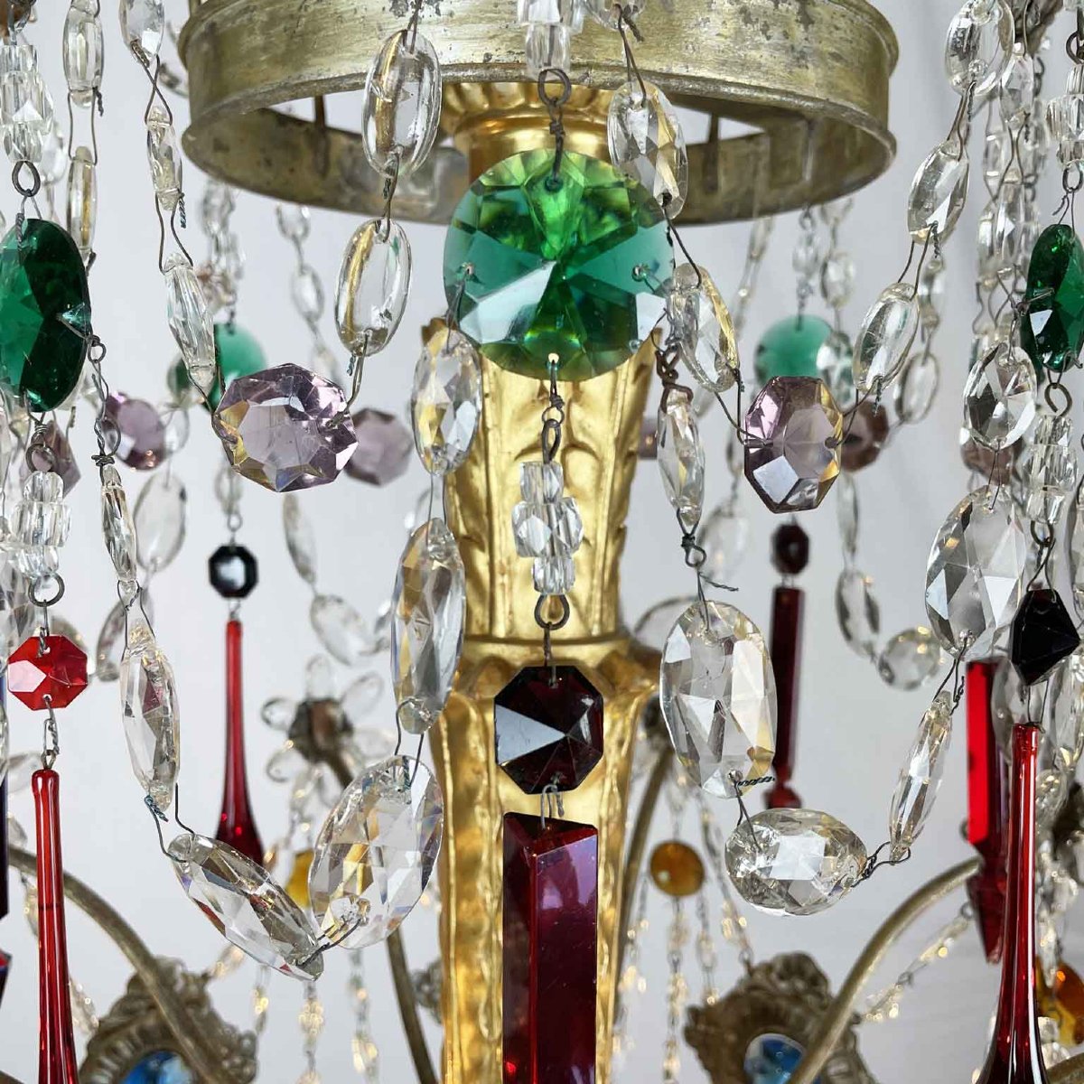 Pair Of Antique 1780 Genoese Empire Chandeliers In Crystal And Gilded Wood-photo-6