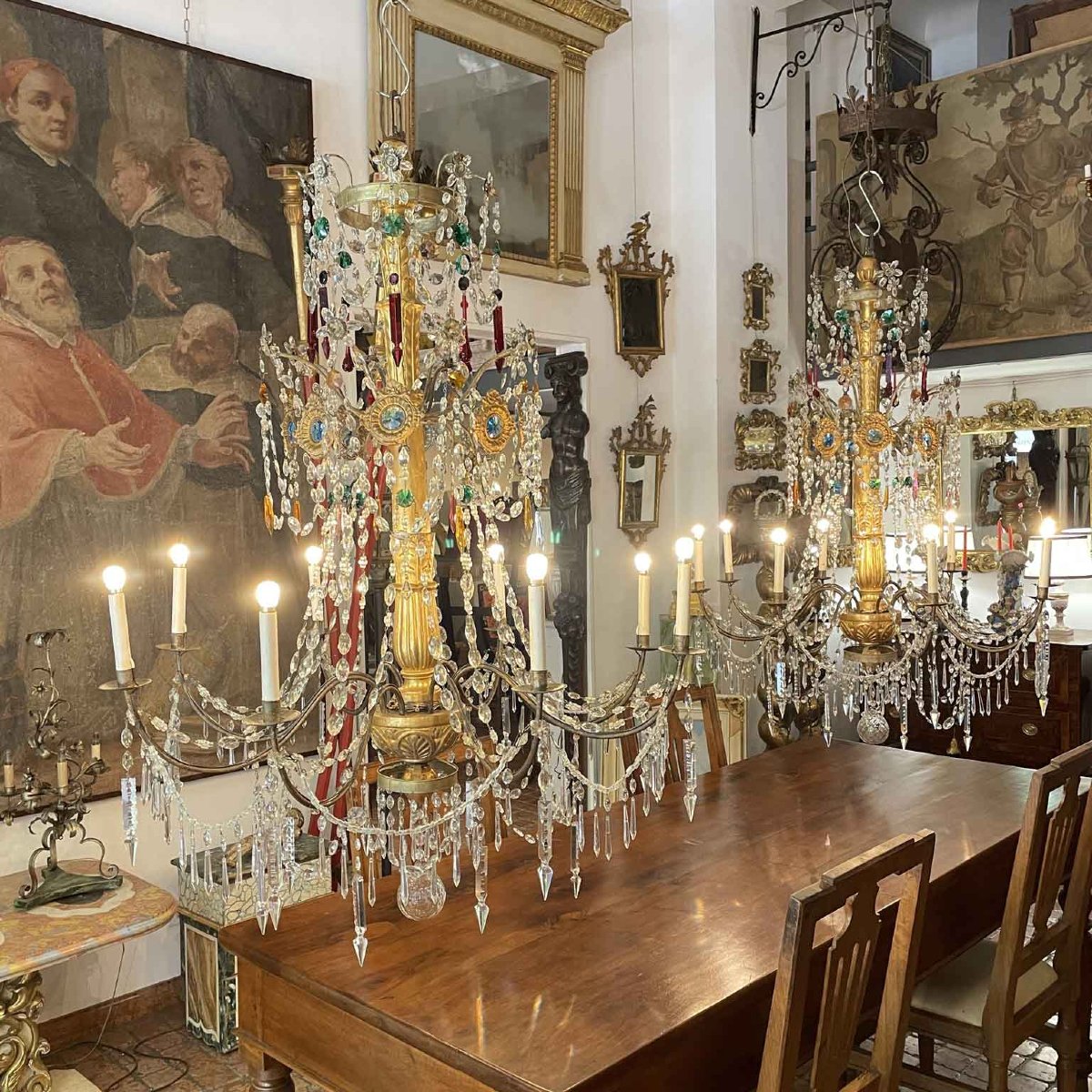 Pair Of Antique 1780 Genoese Empire Chandeliers In Crystal And Gilded Wood-photo-7