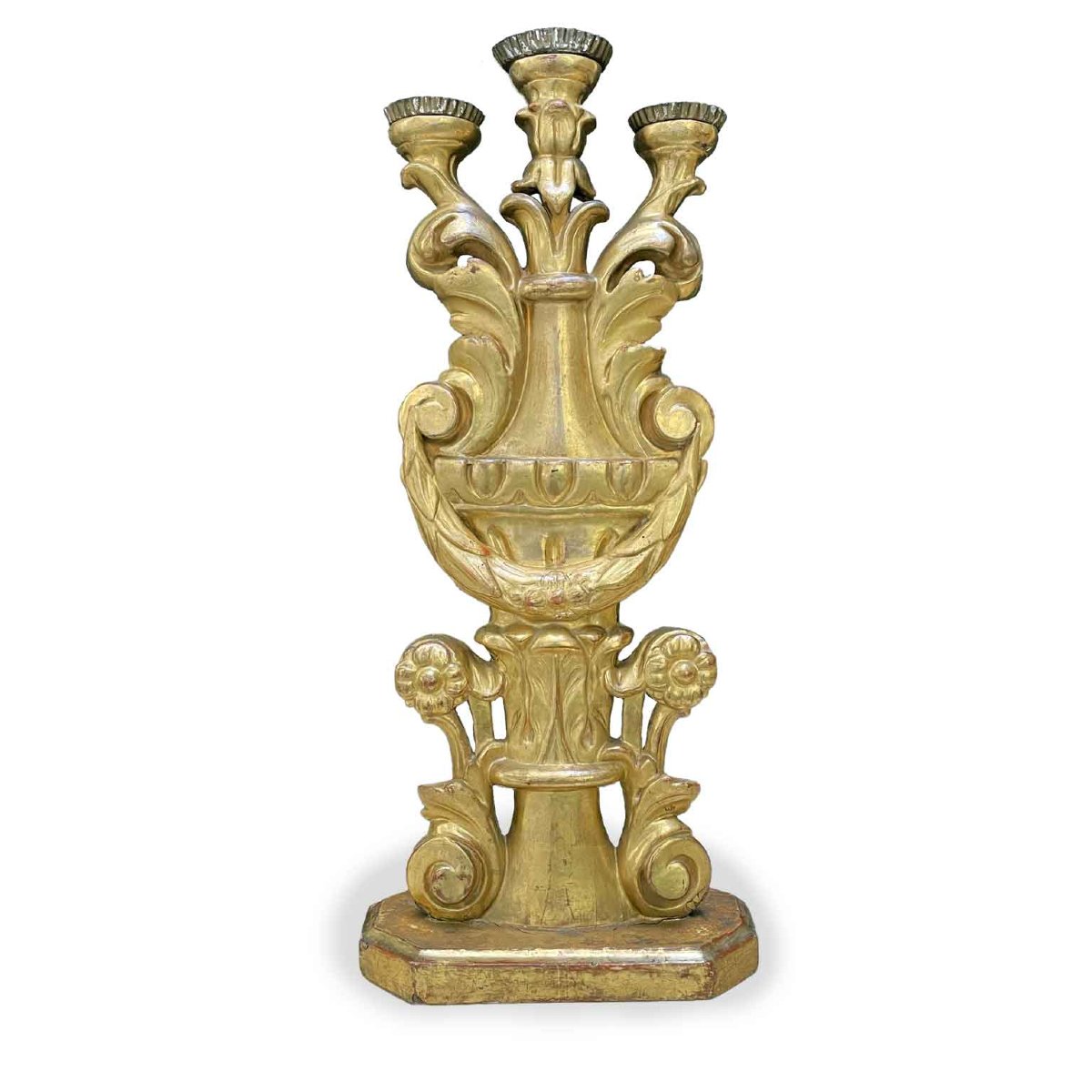 Three Antique And Gilded Three-flame Candlesticks Late 1700s-photo-2