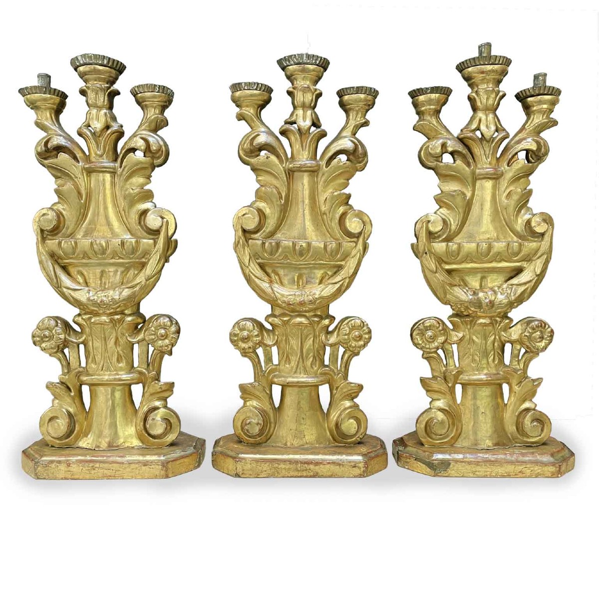 Three Antique And Gilded Three-flame Candlesticks Late 1700s