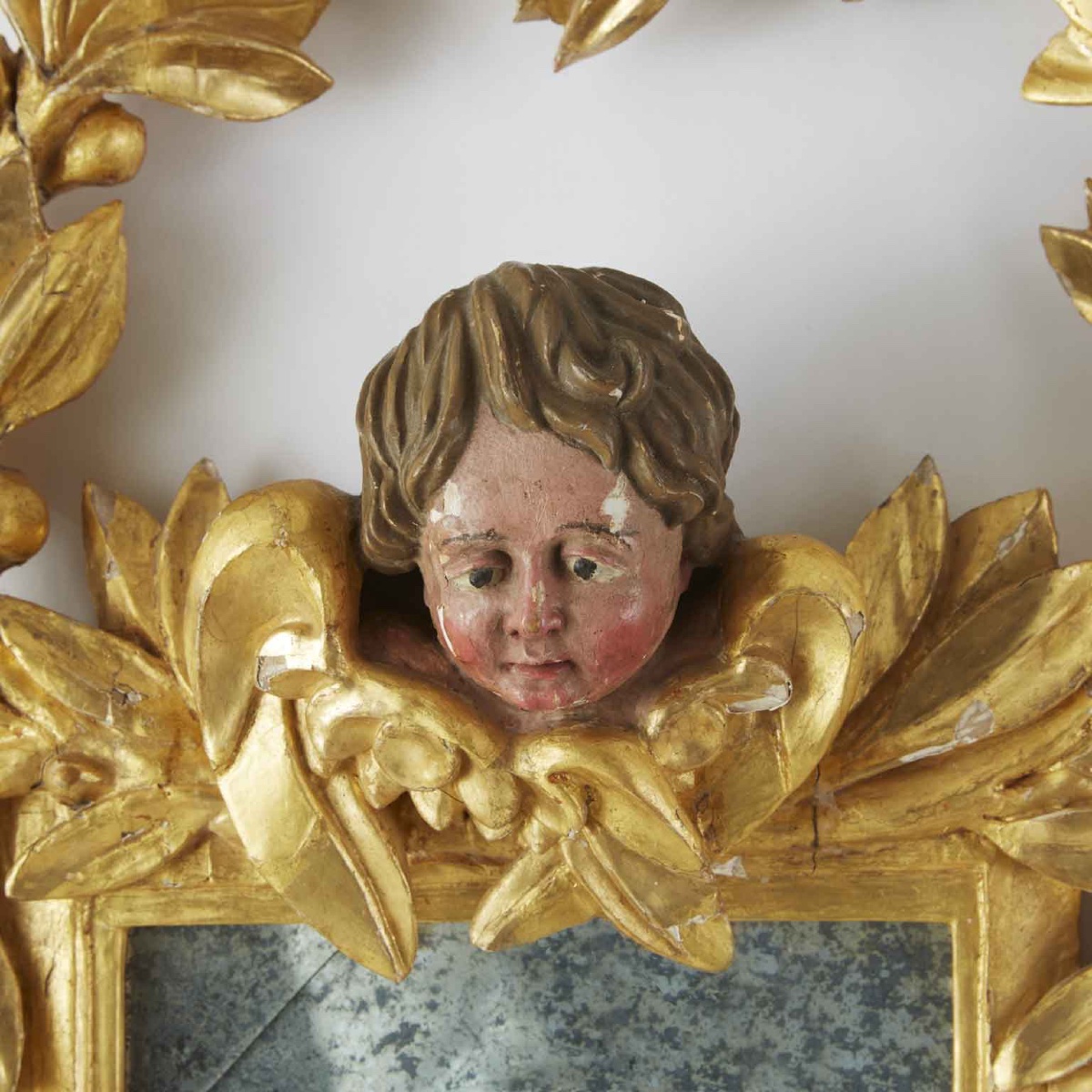 Italian Carved And Gilt Wood Mirror Topped By Garland And Putto 1800s-photo-2
