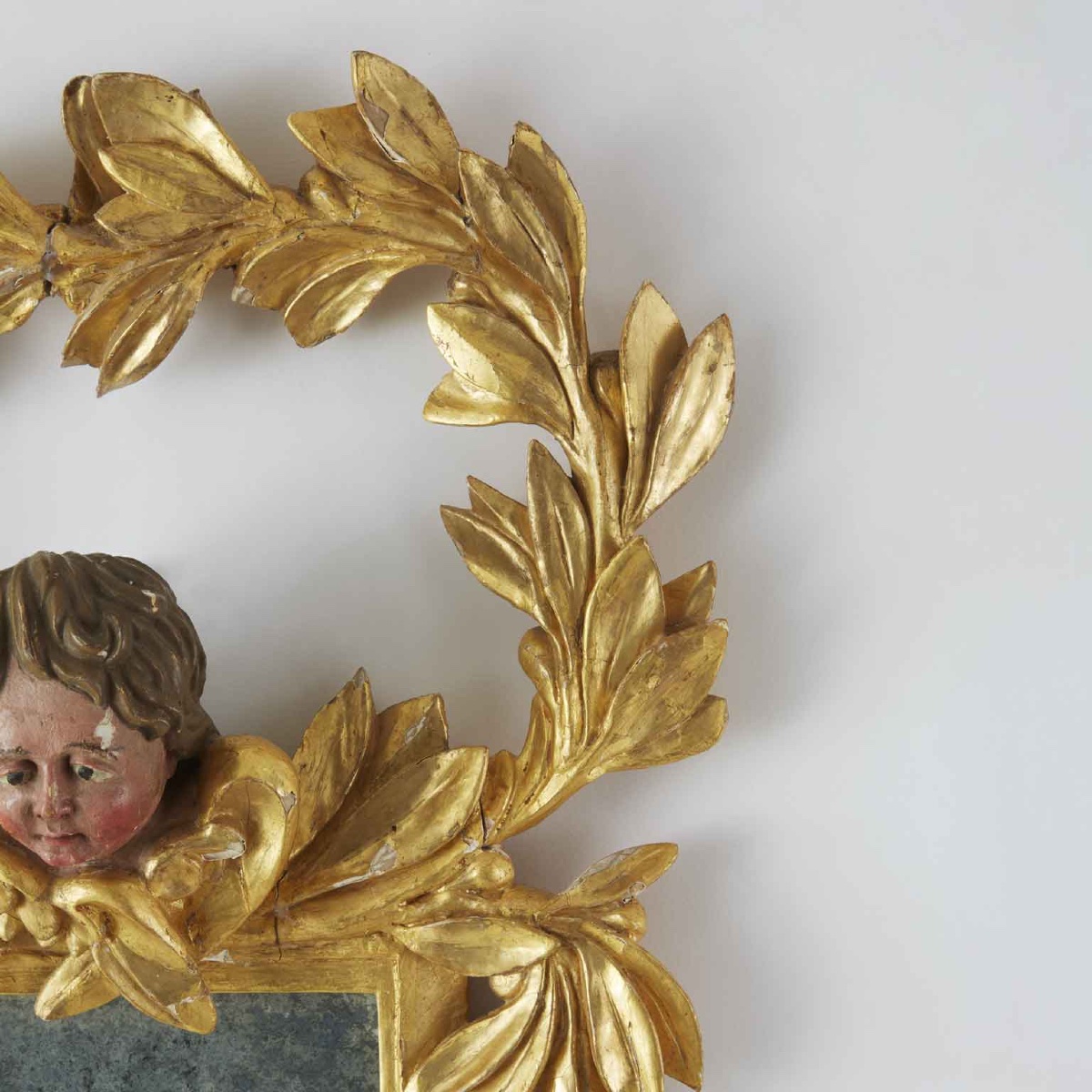 Italian Carved And Gilt Wood Mirror Topped By Garland And Putto 1800s-photo-3